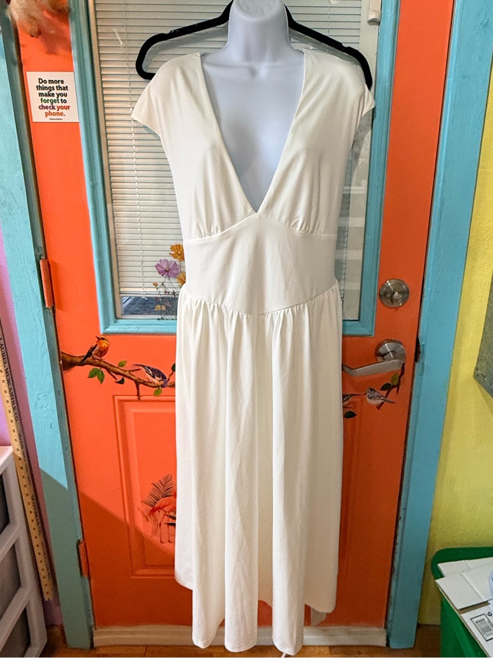 Women's Brides OYS 2X Cream white V-Neck Midi Dress with pockets